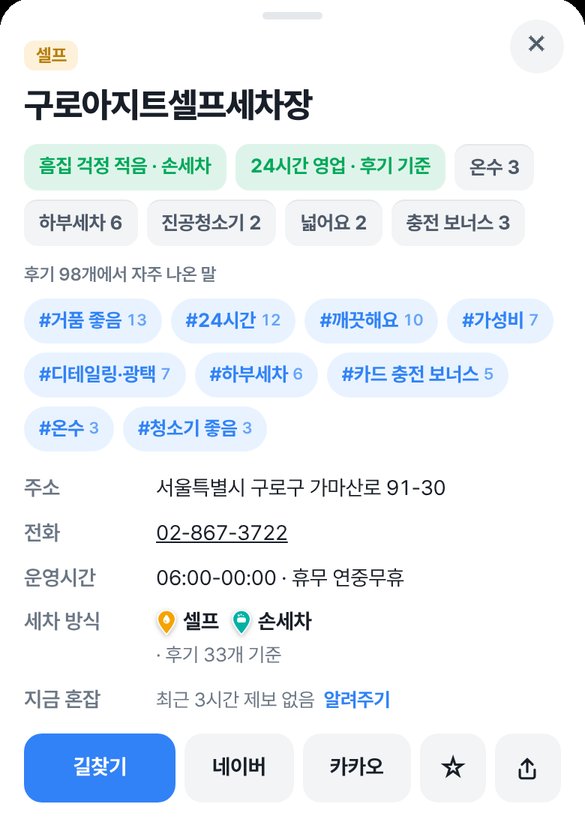 세차장 상세 화면: 특징 배지, 후기에서 자주 나온 말, 주소와 세차 방식, 길찾기·네이버·카카오 버튼